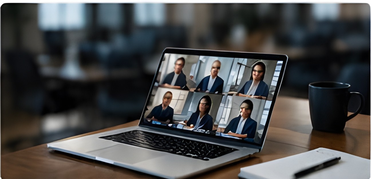 A remote focus group session on a laptop in a law office